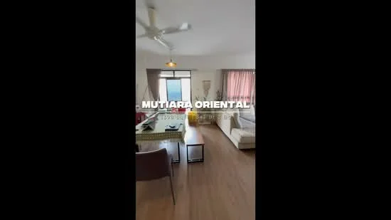 Living features: wooden flooring, 5-blade ceiling fan, large window with city view, sofa in cream color, coffee table, TV console, decorative plant, curtains in light fabric, wall-mounted artwork; style: modern; view: city.