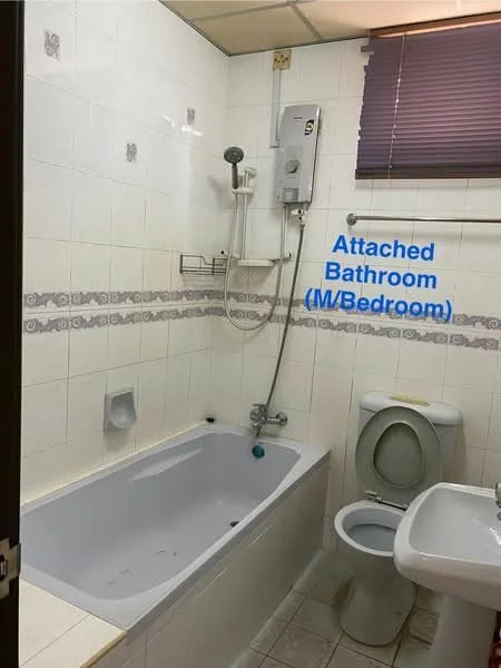 Bathroom features: bathtub, shower head, toilet, sink, white tiled walls, grey tiled flooring, wall-mounted shower mixer, window with blinds, shelf for toiletries, decorative border tile.