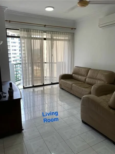 Living features: cream leather sofa, wall-mounted TV, wooden TV console, white painted walls, glossy white tile flooring, floor-to-ceiling windows, sheer curtains, ceiling fan with light, air conditioning unit; style: modern; view: city.