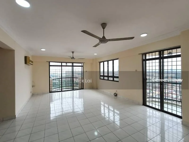 Living features: white painted walls, glossy white tile flooring, 2 ceiling fans, floor-to-ceiling windows, sliding glass doors, city view, open layout, natural light; style: modern; view: city.