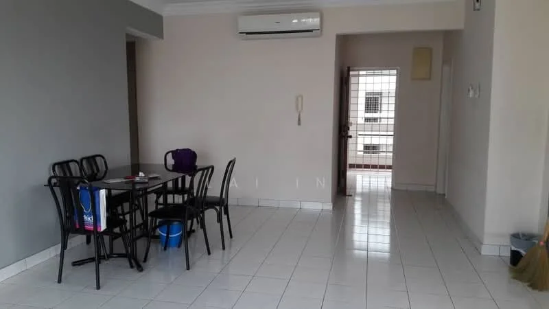 Living features: white painted walls, grey accent wall, ceramic tile flooring, 1 wall-mounted split AC, dining table with 4 black chairs, door leading to balcony, light switch, floor-to-ceiling window, intercom panel; style: modern.