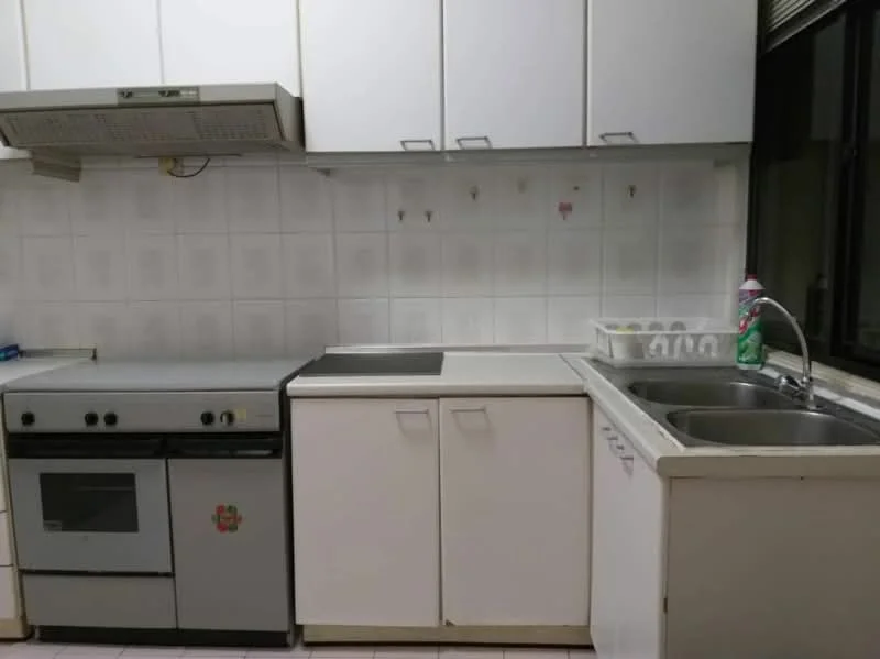 Kitchen features: white cabinetry, grey countertop, double-bowl stainless-steel sink, chrome pull-down faucet, built-in oven, 4-burner gas hob, exhaust hood, white tiled backsplash, wall-mounted storage, window with view, tile flooring; style: modern.