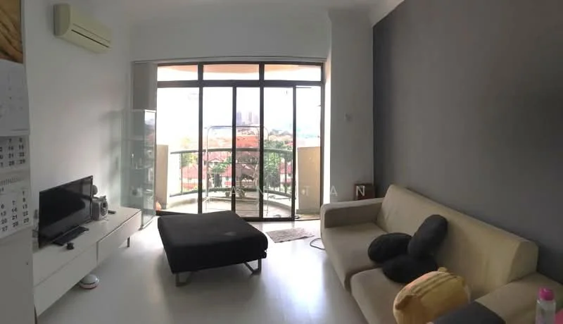 Living features: floor-to-ceiling windows, sliding glass door, grey accent wall, white painted walls, light-colored flooring, sofa in beige, black ottoman, TV console, wall-mounted TV, air conditioning unit, decorative throw pillows, area rug; style: modern; view: city.