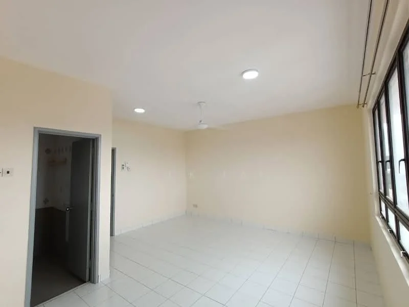 Room features: white painted walls, plain ceiling, recessed LED downlights, wall-mounted ceiling fan, white tile flooring, large windows, neutral color scheme; style: minimalist.