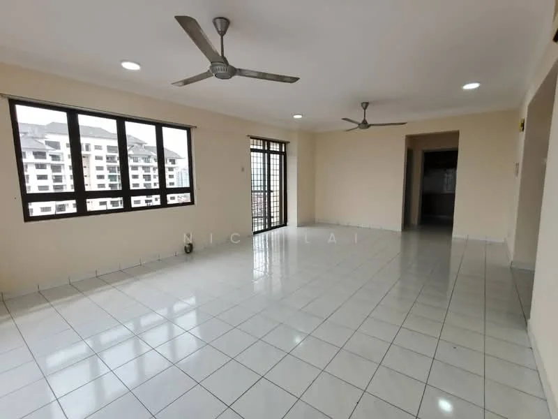 Living features: white painted walls, glossy ceramic tile flooring, 2 ceiling fans, large windows with black frames, natural light, open layout, neutral color scheme, no visible furniture; style: modern; view: city.
