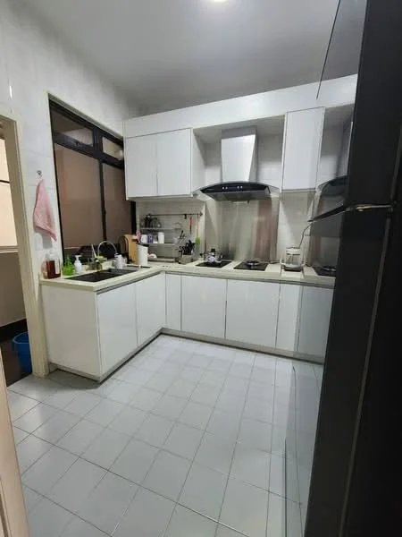 Kitchen features: white cabinetry, granite countertop, stainless-steel sink, chrome pull-down faucet, built-in gas hob, built-in range hood, ceramic tile flooring, wall-mounted cabinets, window with black frame, kitchen appliances visible, open shelving, light fixture on ceiling; style: modern.