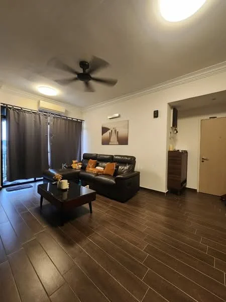 Living features: 3-seater leather sofa in black, orange decorative cushions, coffee table, wall-mounted TV, ceiling fan, recessed ceiling lights, dark wood flooring, curtains in dark grey, framed artwork on wall, sideboard cabinet, door to hallway; style: modern; view: city.