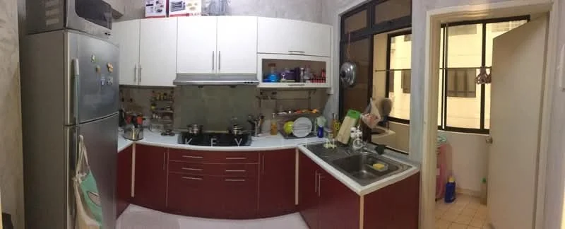 Kitchen features: L-shaped kitchen layout, white upper cabinets, red lower cabinets, stainless-steel fridge, built-in oven, 4-burner gas hob, stainless-steel range hood, double-bowl stainless-steel sink, chrome pull-down faucet, tile backsplash, countertop with rounded edge, window with black metal frame, floor tiles, kitchen utensils on countertop; style: modern.