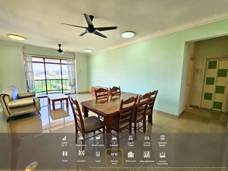 Living features: 5-blade ceiling fan, floor-to-ceiling windows, sliding glass door, cream painted walls, glossy tile flooring, dining table with 6 chairs, sofa in light color, decorative wall, natural light from windows, view of city skyline; style: modern; view: city.