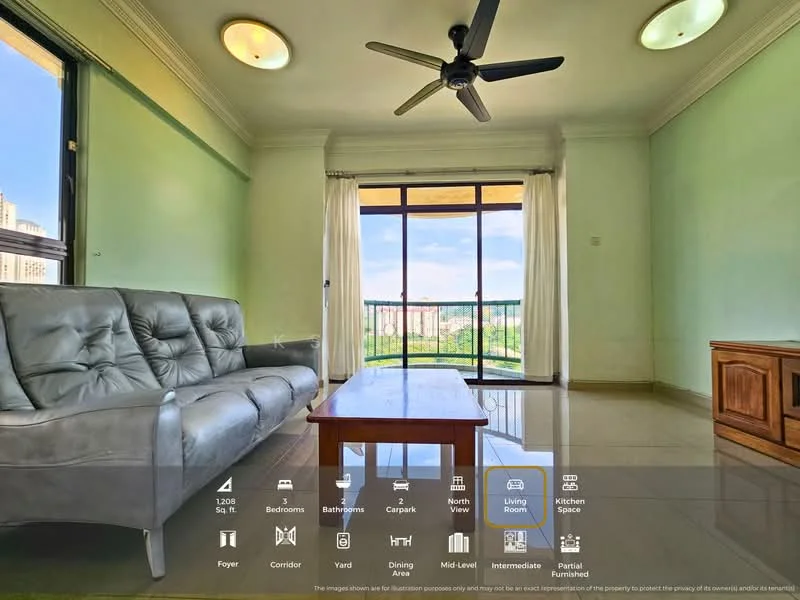 Living features: 3-seater grey leather sofa, wooden coffee table, floor-to-ceiling sliding glass door, balcony access, cream painted walls, polished tile flooring, ceiling fan with light, recessed downlights, curtains, wooden sideboard, city view; style: modern; view: city.