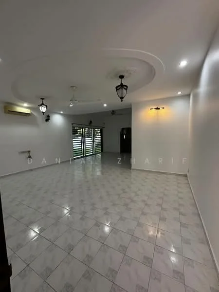 Room features: white painted walls, marble tile flooring, tray ceiling, recessed downlights, 2 pendant lamps, 1 wall-mounted split AC, sliding glass door, window treatments, ceiling fan; style: modern.