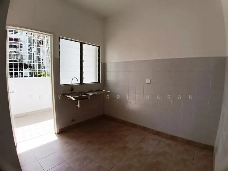 Kitchen features: white painted walls, cream tiled backsplash, light brown tiled flooring, single-bowl stainless-steel sink, wall-mounted faucet, window with metal grille, door leading to outdoor space, countertop with no cabinetry.