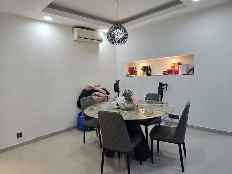 Dining features: round marble dining table, 6 upholstered dining chairs, wall-mounted air conditioning unit, recessed ceiling lights, decorative wall niche with display items, neutral painted walls, tile flooring, decorative pendant light; style: modern.