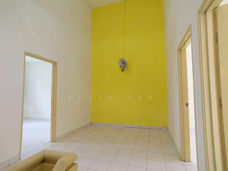 Room features: yellow accent wall, white painted walls, tiled flooring, high ceiling, ceiling fan, doorway leading to another room, doorway leading to hallway.