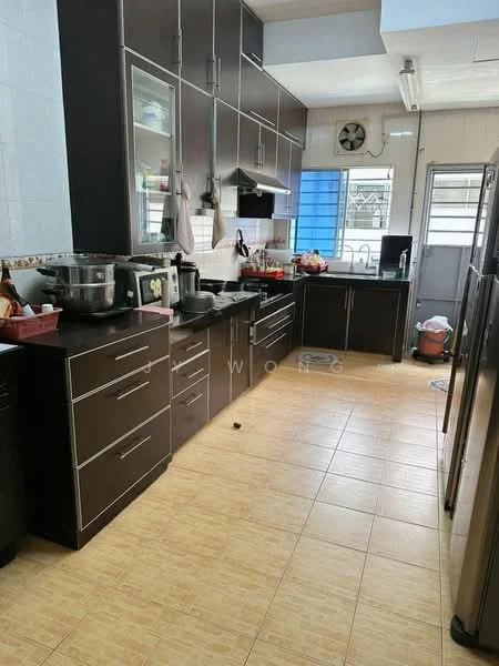 Kitchen features: dark wood cabinetry, black countertop, stainless-steel sink, chrome pull-down faucet, built-in oven, freestanding range oven, microwave, refrigerator, tile backsplash, ceramic tile flooring, window with blue curtains, ceiling fan, wall-mounted clock; style: modern.