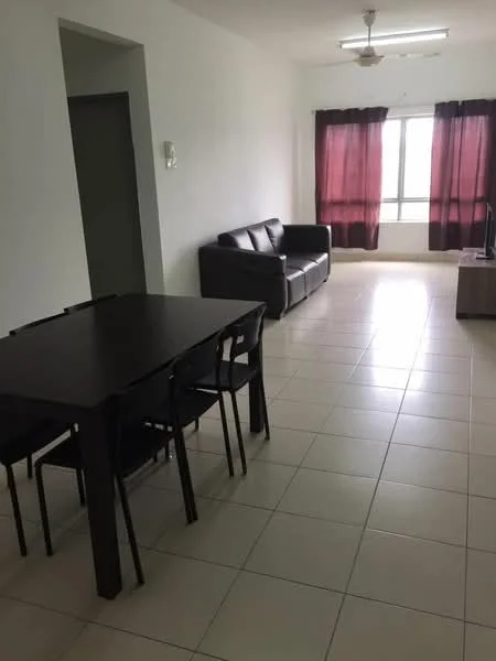 Living features: 3-seater leather sofa in black, coffee table, TV console, wall-mounted TV, floor-to-ceiling windows, sheer curtains in burgundy, white painted walls, tile flooring, ceiling fan, dining table with 4 chairs; style: modern.