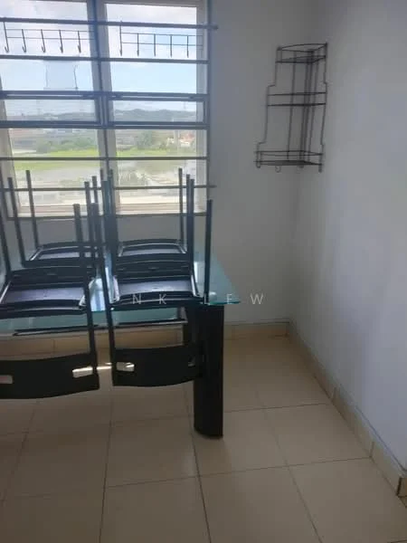 Room features: glass dining table, black metal legs, stacked chairs, large window, natural light, white painted walls, cream tiled flooring, metal wall rack.