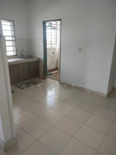 Kitchen features: white painted walls, cream tiled flooring, single-bowl stainless-steel sink, chrome pull-down faucet, wood cabinetry, window with metal grille, counter space, kitchen area with utility connections.