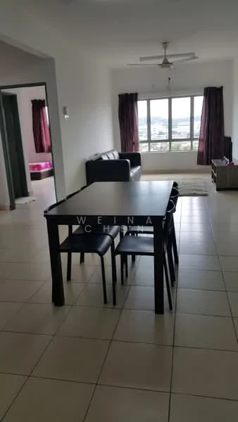 Living features: floor-to-ceiling windows, grey fabric sofa, 4-seater dining table, black dining chairs, ceiling fan, light-coloured tiled flooring, curtains in dark maroon, area rug, wall-mounted TV, decorative wall art; style: modern; view: city.