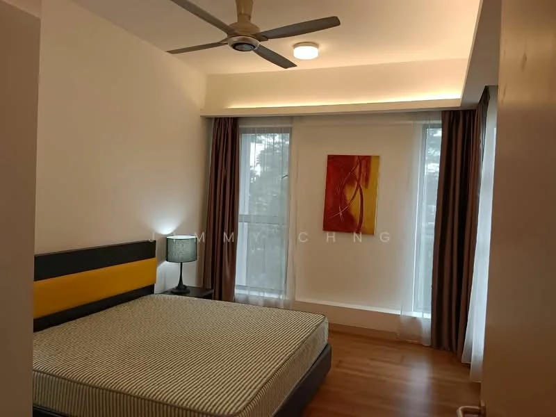 Bedroom features: queen-size bed, upholstered headboard, 2 bedside lamps, floor-to-ceiling windows, sheer curtains, dark brown curtains, wooden flooring, ceiling fan with light, decorative wall art; style: modern.
