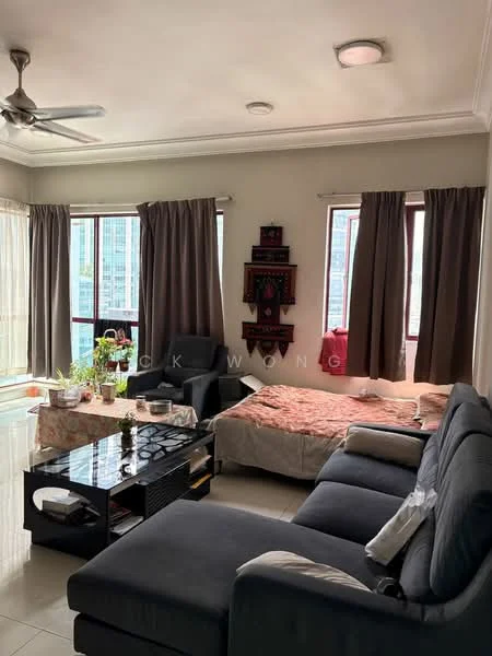 Living features: 3-seater fabric sofa in grey, 2-seater fabric sofa in black, coffee table with glass top, floor-to-ceiling windows, sheer curtains, blackout curtains, ceiling fan, tile flooring, decorative wall art, houseplants in ceramic pots, area rug, bed with bedding visible; style: modern; view: city.