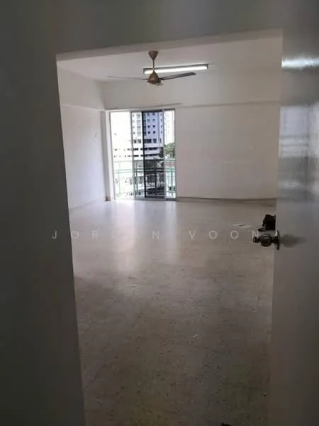 Room features: white painted walls, concrete flooring, ceiling fan, sliding glass door, floor-to-ceiling windows, balcony access, natural light, open layout; style: modern; view: city.