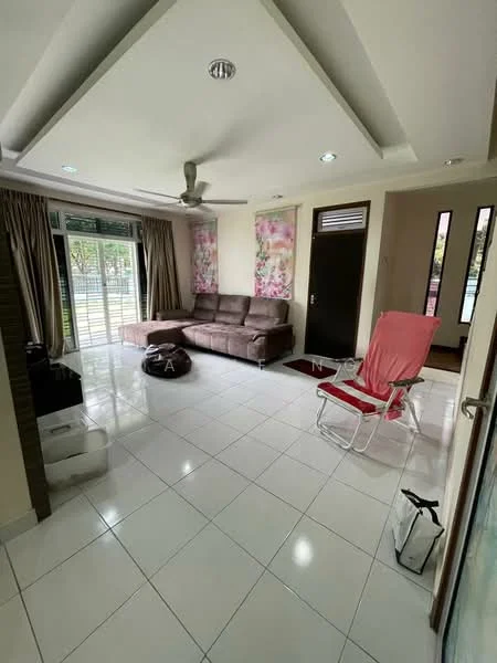 Living features: white painted walls, tray ceiling, recessed downlights, floor-to-ceiling windows, sliding glass door, curtains, 3-seater fabric sofa in brown, area rug, ceiling fan, wall-mounted TV, decorative wall art, tile flooring; style: modern; view: garden.