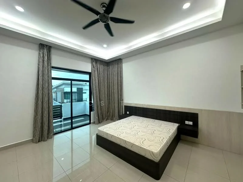 Bedroom features: queen-size bed with mattress, floor-to-ceiling sliding glass door, balcony access, cream painted walls, recessed ceiling lights, 5-blade ceiling fan, light-colored tile flooring, curtains, built-in wardrobe; style: modern.