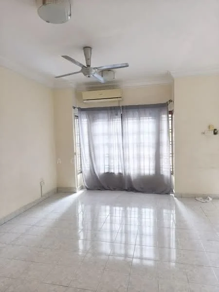 Room features: white painted walls, glossy tile flooring, 5-blade ceiling fan, wall-mounted split AC, floor-to-ceiling windows, sheer curtains, natural light from windows.