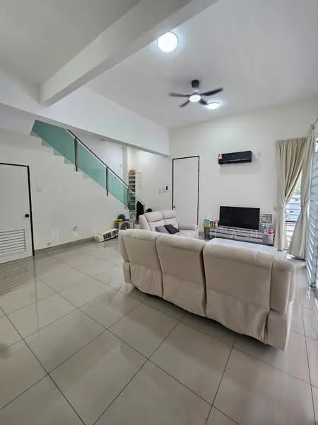 Living features: light-colored leather sofa, coffee table, wall-mounted TV, ceiling fan with light, large windows with sheer curtains, white painted walls, glossy tile flooring, air conditioning unit, staircase with glass railing; style: modern.