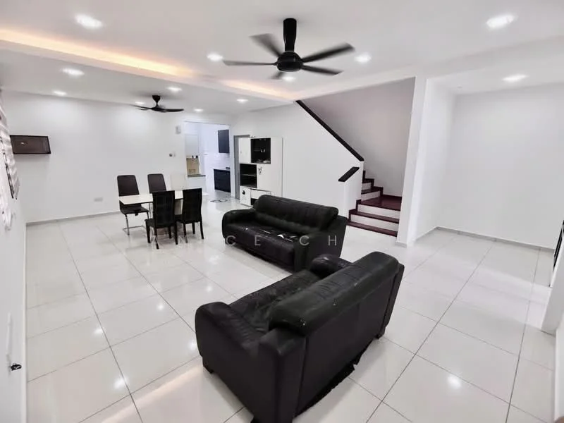 Living features: black leather 3-seater sofa, black leather 2-seater sofa, glass coffee table, dining table with 4 chairs, white painted walls, recessed LED downlights, ceiling fan, white tiled flooring, staircase with maroon carpet, open layout, wall-mounted TV console; style: modern.