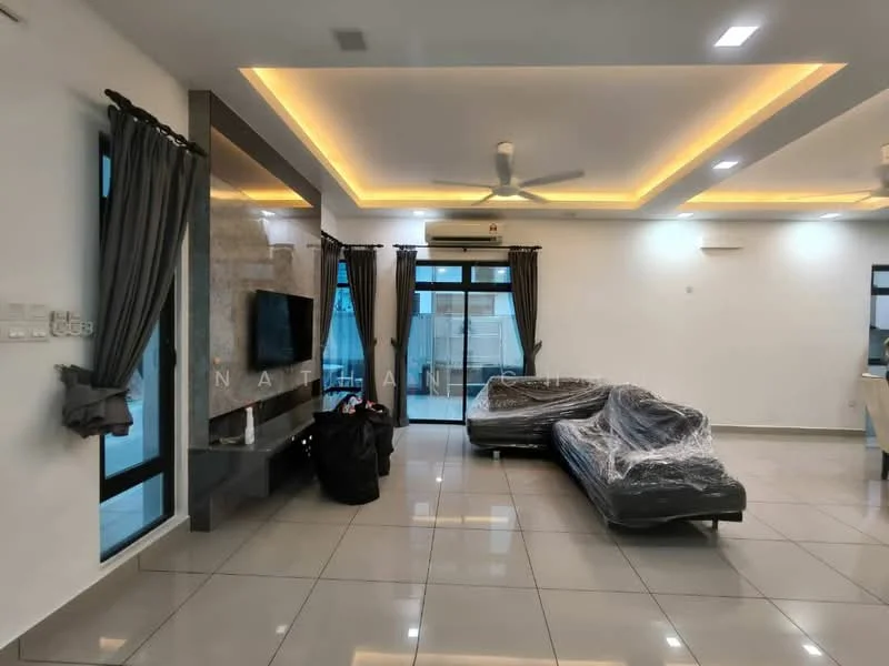 Living features: grey leather sofa, black fabric sofa, flat-screen TV mounted on wall, stone feature wall, recessed ceiling lights, LED strip lighting, floor-to-ceiling windows, grey curtains, glossy tile flooring, ceiling fan; style: modern.