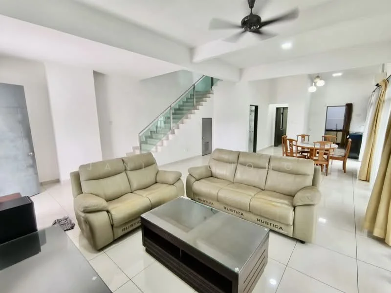Living features: 2-seater leather sofa in beige, 3-seater leather sofa in beige, coffee table with wooden base, ceiling fan, white painted walls, glossy tile flooring, large windows with sheer curtains, recessed downlights; style: modern. Dining features: 4-seater wooden dining table, wooden dining chairs, white painted walls, glossy tile flooring, large windows with sheer curtains; style: modern.