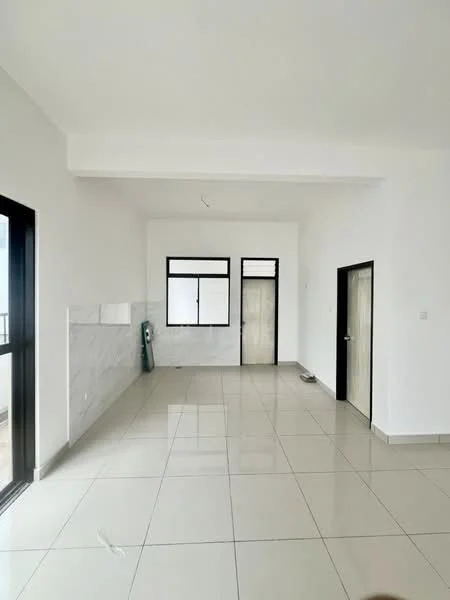 Room features: white painted walls, glossy ceramic tile flooring, large windows with black frames, two doors leading to other rooms, minimalist design, high ceiling, no visible furniture or decor; style: modern.