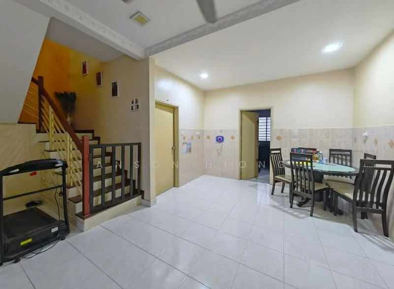 Room features: white painted walls, tiled flooring, staircase with wooden railing, dining table with chairs, door leading to another room, wall-mounted light fixtures, decorative wall tiles, ceiling fan; style: modern.