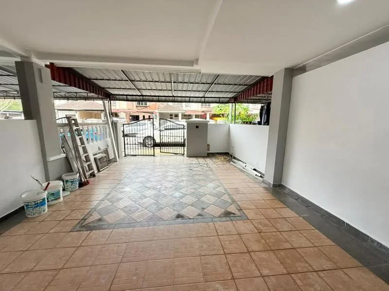 Exterior type: car porch; features: covered car porch, tiled flooring with geometric pattern, grey painted walls, metal roof, gated entry, open space for parking, drainage system visible, light fixtures on ceiling; style: modern.
