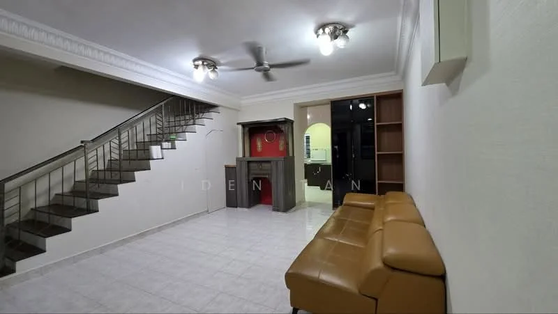 Living features: cream painted walls, white ceiling with crown moulding, 5-blade ceiling fan with light, recessed downlights, tile flooring, brown leather sofa, built-in shelving unit, staircase with metal railing, fireplace, open layout to kitchen, large windows, neutral decor; style: modern.