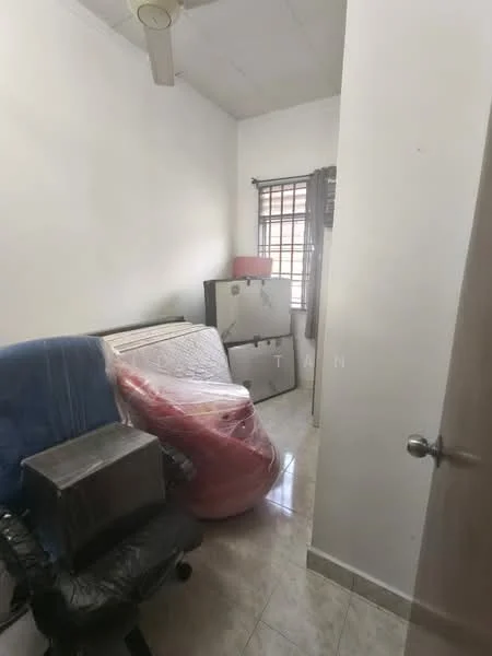 Room features: white painted walls, marble tile flooring, window with curtains, chair, small fridge, mattress, black office chair, storage box.