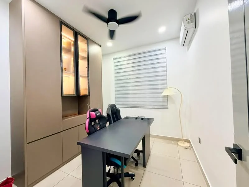 Study features: light wood cabinetry, black desk, two office chairs in black and pink, floor lamp, wall-mounted air conditioning unit, roller blinds on window, white painted walls, tile flooring, ceiling fan; style: modern.