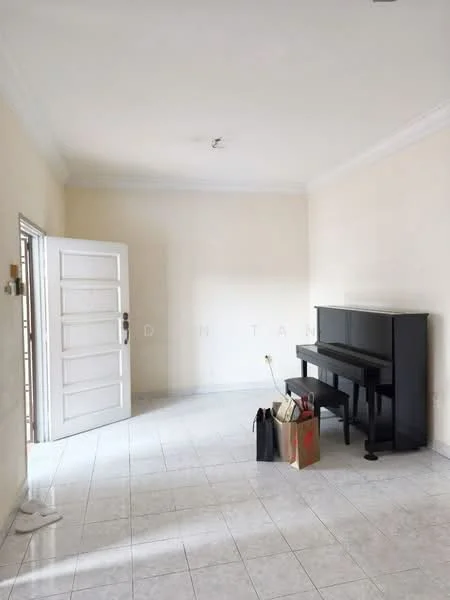 Room features: white painted walls, tile flooring, crown moulding, piano, open door, shopping bags, empty space, natural light from window.