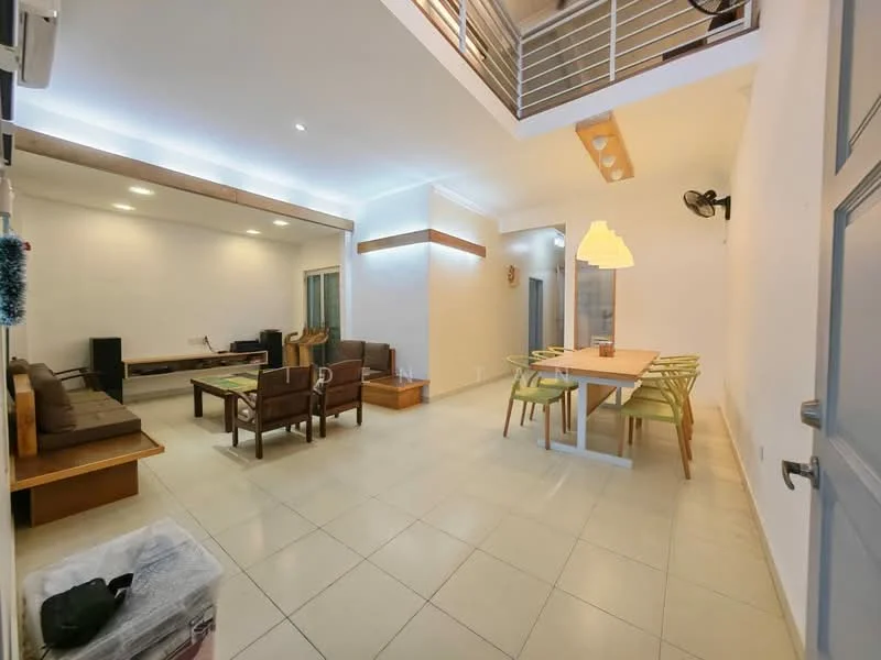 Living features: white painted walls, tile flooring, recessed downlights, ceiling fan, 2-seater fabric sofa in brown, 3-seater fabric sofa in brown, wooden coffee table, TV console, dining table with 6 green chairs, open layout, large windows, decorative wall art; style: modern.