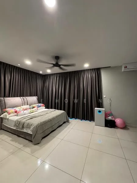 Bedroom features: king-size bed, upholstered headboard, bedding with floral pattern, 2 bedside pillows, ceiling fan, recessed downlights, dark curtains, white tiled flooring, air conditioning unit, decorative storage box, pink balloons; style: modern.