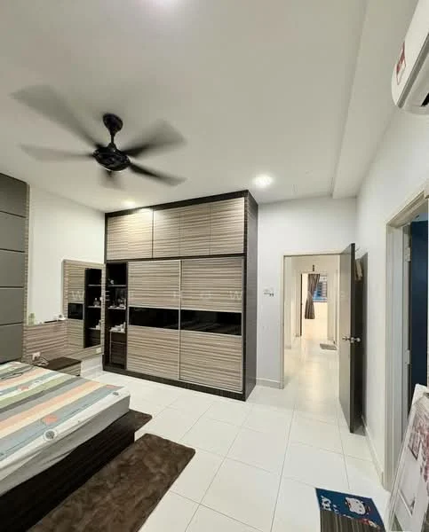 Bedroom features: 5-blade ceiling fan, built-in wardrobe with sliding doors, light-colored wall, white tiled flooring, queen-size bed, bedside table, decorative wall art, door leading to bathroom, window with curtains; style: modern.