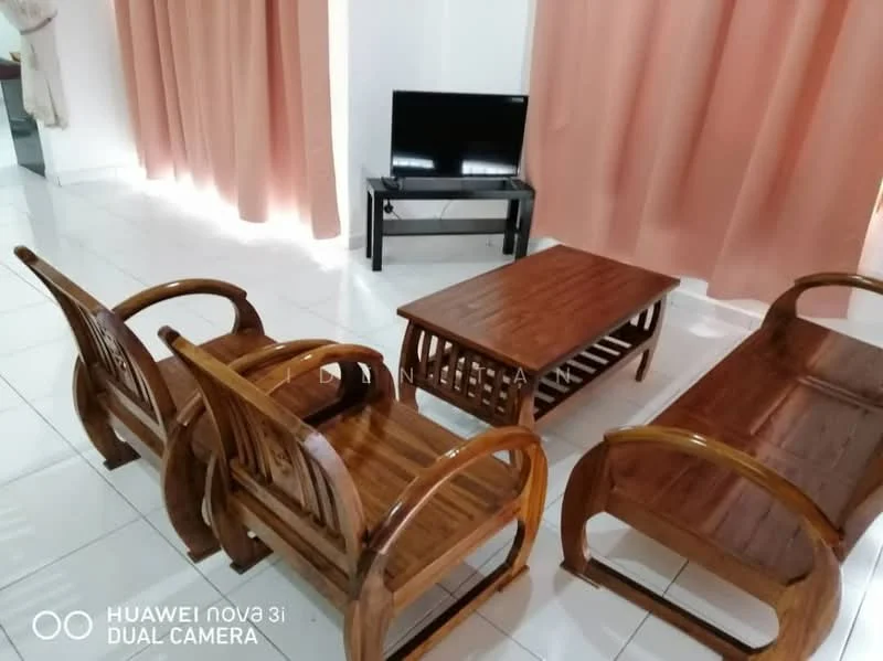 Living features: wooden coffee table, 2 wooden armchairs, 1 wooden sofa, flat-screen TV on stand, white tiled flooring, pink curtains, white walls, recessed lighting; style: modern.