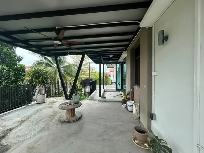 Room features: concrete flooring, exposed beams, ceiling fan, glass sliding door, potted plants, outdoor seating area, metal railing, patio space; style: modern; view: garden.