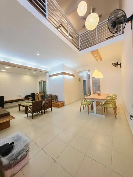 Living features: white painted walls, tile flooring, 5-blade ceiling fan, recessed LED downlights, pendant lighting, sofa, coffee table, TV console, wall-mounted TV, dining table with chairs, large windows, open layout; style: modern.
