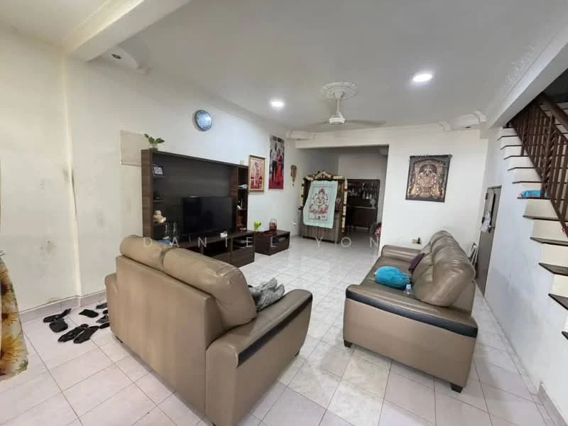 Living features: 2-seater leather sofa in beige, 3-seater leather sofa in beige, coffee table, wall-mounted TV, TV console, tile flooring, white painted walls, ceiling fan, recessed downlights, decorative wall art, area rug, staircase visible; style: modern.