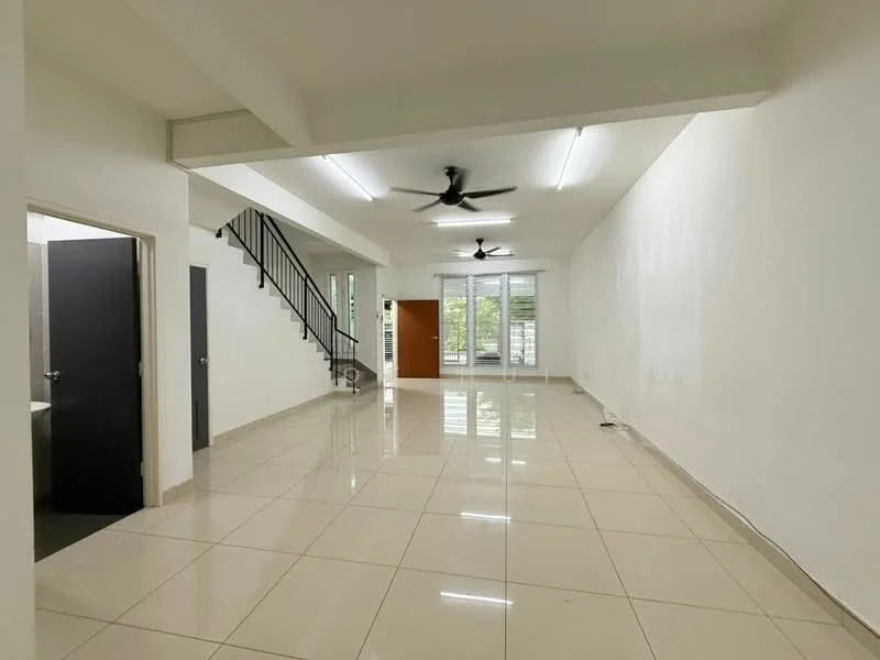 Living features: white painted walls, glossy ceramic tile flooring, 2 ceiling fans, large windows with natural light, open layout, staircase leading to upper floor, neutral color scheme, no visible furniture; style: modern; view: garden. Room features: white painted walls, glossy ceramic tile flooring, doorway leading to bathroom, doorway leading to another room.