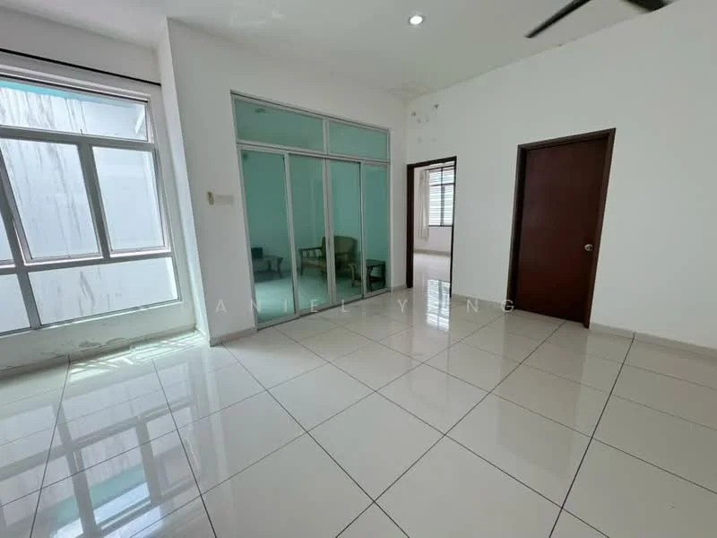 Room features: white painted walls, glossy ceramic tile flooring, large windows with clear glass, sliding glass door, ceiling fan, natural light from windows, neutral color scheme, open layout; style: modern.
