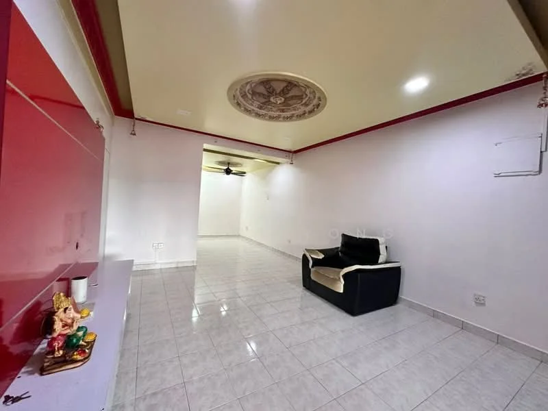 Living features: white painted walls, glossy tile flooring, tray ceiling with decorative design, ceiling fan, black and cream fabric sofa, wall-mounted shelf, decorative figurine on shelf, recessed lighting; style: modern.